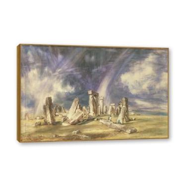 Imagem de Moldura de teca. Arte em tela romantismo estilo constável, (Stonehenge), pintura de paisagem inglesa emoldurada, decoração de parede elegante para sala de estar escritório. 40 x 60 cm - 15,8 x 23,7