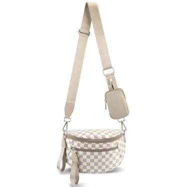 Imagem de MIVELOYA Bolsa transversal quadriculada para mulheres, pochete espaçosa quadriculada de nylon com bolsa de moedas RFID para uso diário e viagens, Bege e branco, Large