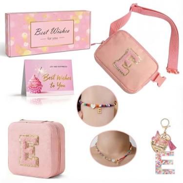 Imagem de Tindisonka Conjunto de pochete rosa com letra E para meninas – Bolsa de cinto transversal 2 em 1 com caixa de joias com letra E, colar, pulseira e chaveiro, presente personalizado fofo para idades de