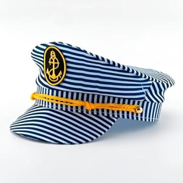 Imagem de Chapéu de Marinheiro Listrado, Azul e Branco, Poliéster/Algodão, 58cm Diâmetro, com Emblema Âncora Dourado, para Carnaval e Festas Temáticas, 23x12cm