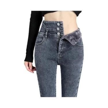 Imagem de Calças Jeans Femininas De Cintura Alta Térmicas De Inverno Em Veludo E