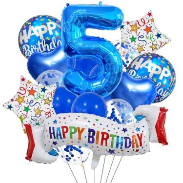 Imagem de Conjunto de decoração de 5º aniversário, 5º balão de coração azul, balão colorido de feliz aniversário de 5 anos para meninas, meninos, crianças, adultos, artigos de festa, meninos azul número 5