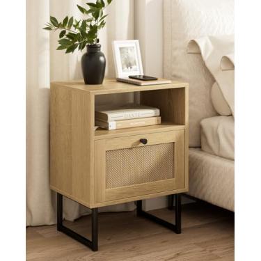 Imagem de Masupu Mesa de cabeceira extragrande de vime, mesa de cabeceira moderna de madeira com gaveta de armazenamento e prateleira aberta, mesa lateral com moldura preta para quarto, sala de estar