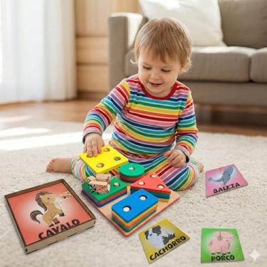 Imagem de Brinquedo Pedagógico Educativo Madeira MDF Prancha Seleção Infantil Encaixe Formas Geométricas (Prancha + QC Metades)