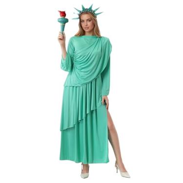 Imagem de HAPNBCELE Fantasia feminina Lady Liberty com tocha, coroa, 4 de julho, fantasia fantasia estátua das liberdades cosplay Halloween, Verde menta, Large