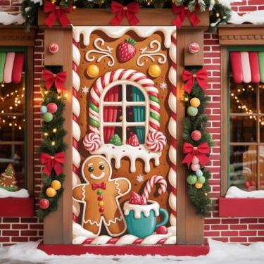 Imagem de Capa de porta de decoração de Natal de pão de gengibre, 183 × 89 cm, faixa de porta de casa de biscoito de gengibre para decoração de casa de pão de gengibre para decoração de terra para escritório