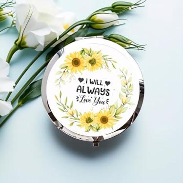 Imagem de Espelho compacto prateado, espelho de maquiagem dobrável dupla face de 2,8 × 2,20 cm com design floral I Will You're Only Forever, presente ideal para mulheres