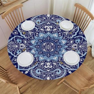 Imagem de OHIKUETY Toalha de mesa redonda Boho Mandala Paisley com elástico – Toalha de mesa redonda de plástico de vinil, capa de mesa à prova d'água para uso ao ar livre, para pátio, serve de 114 a 127 cm