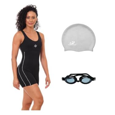 Imagem de Kit Maiô Macaquinho Helanca Feminino com Óculos Proteção Uv e Touca Silicone Grande (Preto/Branco - Touca Prata, GG)