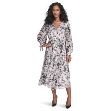 Imagem de Calvin Klein Vestido midi feminino de chiffon de manga comprida com decote em V e cintura elástica, Ardósia multi, 40
