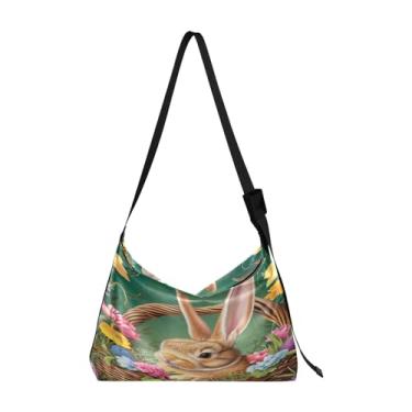 Imagem de Coelho coelho no cesto com bolsa de ombro com flores, bolsa de couro masculina, bolsa de ombro moderna, Coelhinho da Páscoa em cesta com flores - 2, One Size