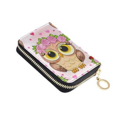 Imagem de GAIGEO Carteiras femininas minimalistas com zíper em torno de carteiras de cartão de crédito com bloqueio de RFID fofo desenho de coruja rosa bolsa de moedas com zíper