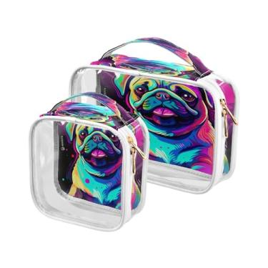 Imagem de GAIGEO Conjunto de 2 peças de bolsa de maquiagem Day of the Dead com desenho animado de gatos esqueleto, bolsas transparentes para viagem, bolsa de higiene masculina transparente, pacote com 2, Cão