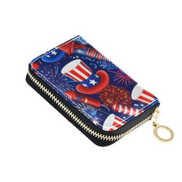 Imagem de Porta-cartão de crédito, carteira feminina com bloqueio de RFID, pequena bolsa de moedas de couro com zíper com chaveiro desenho animado vermelho azul chapéu de fogos de artifício