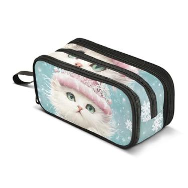 Imagem de Estojo de lápis de escritório bolsa com zíper grande bolsa de caneta fofa meninas faculdade ensino médio material de escritório inverno gato rosa chapéu de Papai Noel sacos de lápis armazenamento
