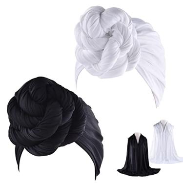 Imagem de WKJHO 2 peças de lenço de cabeça elástico para mulheres, turbante, envoltório de cabelo africano, tiaras longas e macias para mulheres negras, meninas, preto e branco