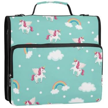 Imagem de Organizador de fichários Flying Unicorn Aqua de 3,8 cm com zíper e 3 anéis, bolsa escolar com alça de ombro, portfólio de tecido e estojo para pasta de anel, 34,5 x 31,5 x 9 cm