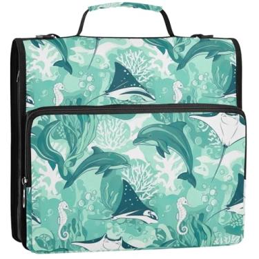 Imagem de Pastas Ocean Dolphins azul-petróleo 3,8 cm 3 anéis organizador de fichário com zíper bolsa escolar com alça de ombro estojo de armazenamento durável com alça, 34,5 x 31,5 x 9 cm