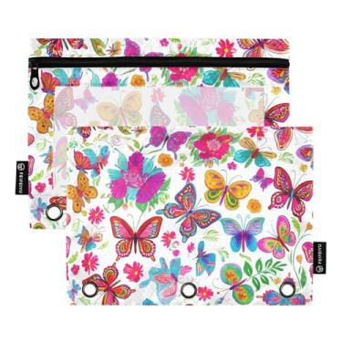 Imagem de Bolsa para lápis, fichário com 3 anéis, borboletas coloridas e brilhantes, com zíper, bolsa para lápis, canetas, fichários escolares coloridos, bolsos transparentes, 25 x 18 cm, 2 pacotes