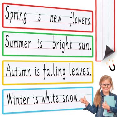 Imagem de 4 folhas de tiras magnéticas apagáveis a seco para sala de aula, quadro branco e geladeira, papel pautado à mão para professor em casa, ferramenta de prática do alfabeto (10 x 14,5 cm)