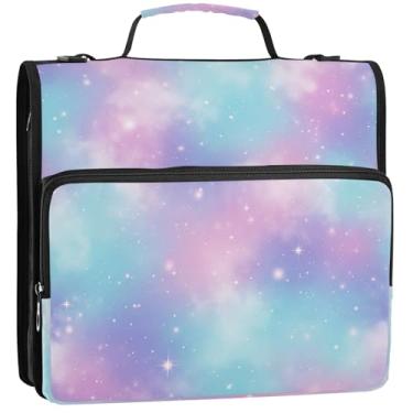 Imagem de Fichários profissionais de 3,5 cm com 3 anéis, resistente, pastel, galáxia, gradientes azuis, organizador com zíper, portfólio e estojo para pasta de anel, bolsa de fichário para ensino médio com alça