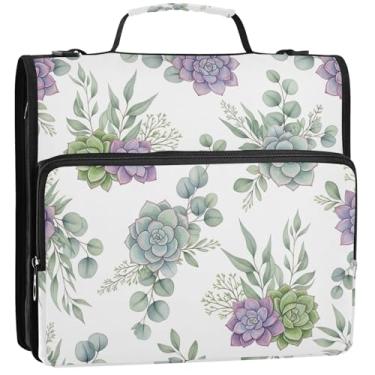 Imagem de Organizador básico de fichário com zíper, fichários de 3 cm, 3 anéis, estojo de armazenamento de suculentas em aquarela resistente com alça, bolsa para fichário do ensino médio com alça, 34,5 x 31,5 x