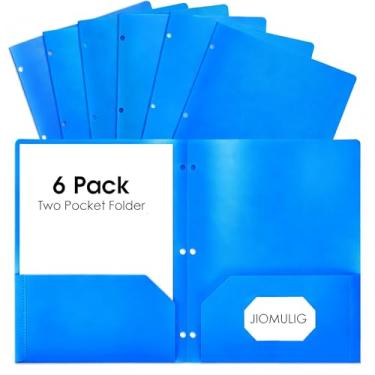 Imagem de JIOMULIG Pacote com 6 pastas azuis com bolsos pasta de arquivo de plástico para casa, escola, escritório, material de arquivamento resistente com abas de índice para alunos, professores, organizar