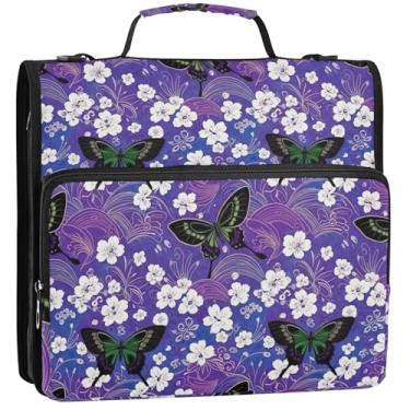 Imagem de Organizador profissional de fichário com zíper, 3 fichários de 3,8 cm, borboletas florais, roxas, portfólio para 500 folhas com alça para escola, 34,5 x 31,5 x 9 cm