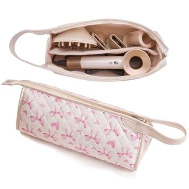 Imagem de Estojo de viagem acolchoado, bolsa de armazenamento floral de algodão para secador de cabelo e acessórios, organizador portátil bonito com alça (rosa)