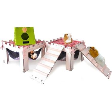 Imagem de 2 peças esconderijo de porquinho-da-índia com rede, casa grande de madeira para porquinhos-da-índia com escadas e tapetes, couro de porquinho da índia destacável para animais pequenos, hamster