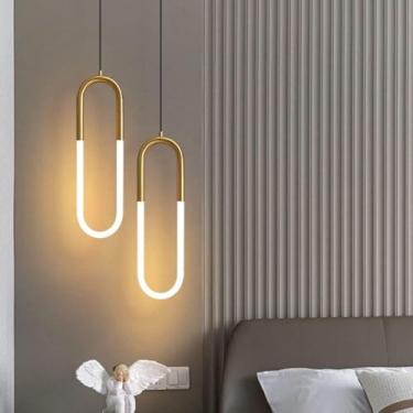 Imagem de Luminária pendente moderna para quarto - Luminária de teto elegante com iluminação LED, feita de metal, ideal para mesa de cabeceira, cozinha, quarto e sala de estar (Dourada, 2 lâmpadas).