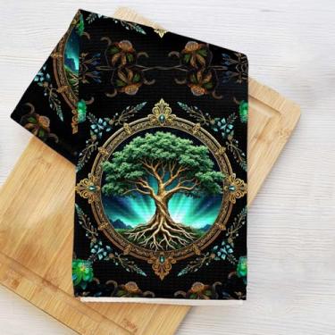 Imagem de Toalhas de cozinha de árvore de fantasia, toalha de prato decorativa de microfibra absorvente, toalhas de mão de waffle para cozinha, casa de banho, presentes de inauguração de casa