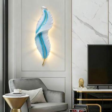Imagem de Luminária de parede LED moderna para interiores, dimerizável de 3000K a 6000K, design criativo em formato de pena, branca/azul, ideal para sala de estar, quarto, banheiro, cozinha e corredor