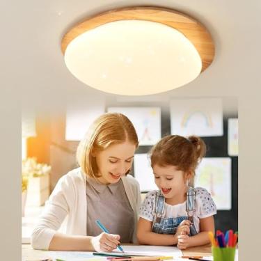 Imagem de Luminária de teto LED de madeira - Design moderno com intensidade ajustável, controle remoto, estampa de céu estrelado - Ideal para sala de estar, banheiro, quarto e cozinha (Cor: Madeira, T