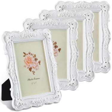 Imagem de Amyhill 4 porta-retratos vintage branco para Dia dos Namorados, 12,6 x 17,8 cm, com design de flor rosa, para casamento, casa, sala de estar, mesa, parede, exibição horizontal ou vertical