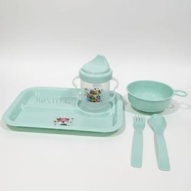 Imagem de Kit Alimentação Infantil 5 Peças Prato Tigela Copo Talheres Prato Divisória Kit Refeição Bebe (Verde)