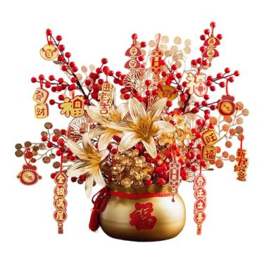 Imagem de Baoblaze Decoração de Ano Chinês: Flores Artificiais, Bonsai, Centro de Mesa, Balde da Bênção, Plantas Artificiais em Vaso para Festa e Cozinha, Ouro