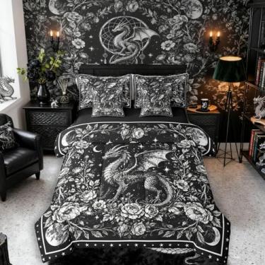 Imagem de Erosebridal Jogo de cama gótico king size com estampa de dragão pterossauro, animais pré-históricos, galáxia, vintage, floral, preto, gótico