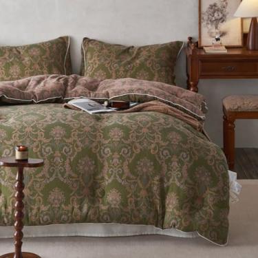 Imagem de HighBuy Conjunto de edredom King de algodão musselina, estampa floral, estampa floral, hotel, respirável, todas as estações, verde-oliva, boêmio, com 1 edredom floral, 2 fronhas