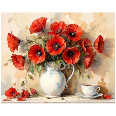 Imagem de Kit de pintura de papoulas vermelhas por números para adultos - Flores de papoula vermelha DIY em vaso branco com pintura de xícara de chá em tela, conjunto de tinta acrílica para iniciantes, arte