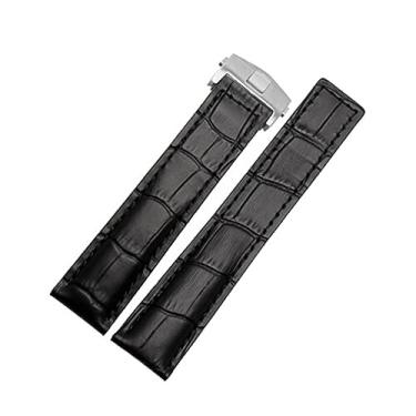 Imagem de MGTCAR Pulseira de couro genuíno masculina de 19 mm, 20 mm, 22 m, acessórios de pulseira de couro com fivela dobrável (fivela preta e prata, 20 mm)