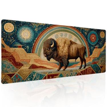 Imagem de Buffalo Boho Gaming Mouse Pad XL Étnico Abstrato Animal Rústico Estendido Tapete Grande Tapete de Mesa Base de Borracha Antiderrapante Borda Costurada Teclado Longo para Computador, 70 × 29 cm