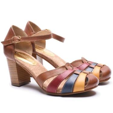 Imagem de Sandália Feminina Retrô Em Couro Legítimo Salto Grosso - Chocolate/mos