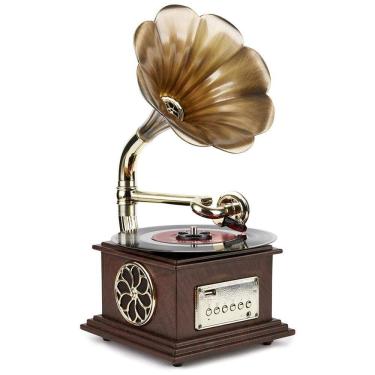 Imagem de Gramofone Toca Discos Retro com Alto Falante Embutido e Corneta de Cobre, 110V, Asommet, Marrom