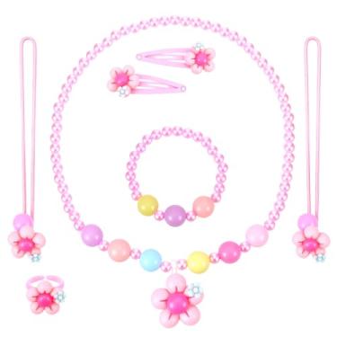 Imagem de Yuomeaz Conjunto de joias para meninas, conjunto de joias de fantasia de flor rosa para meninas, inclui colar de contas e pulseiras, anéis de cabelo para crianças, festas de aniversário e fantasia