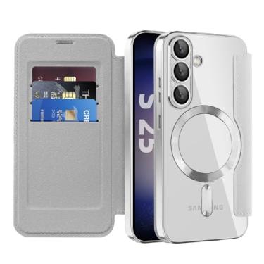 Imagem de Asdsinfor Capa flip para Samsung S25 capa de couro transparente galvanizada resistente 360 proteção sem fio com compartimento para cartão antideslizante capa carteira para Samsung Galaxy S25. Cinza JD