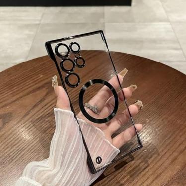 Imagem de HJZSZX Capa magnética luxuosa com revestimento transparente para Samsung S24 Ultra e carregamento sem fio (para Samsung S24 Ultra/preto)