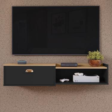 Imagem de Rack Home Suspenso 1.20 Estante TV 42" Bancada México 1 Porta Puxador Concha Nicho Decoração Sala Quarto Preto/Hanover ? Lojas RPM