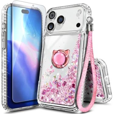 Imagem de Capa NGB projetada para iPhone 17-Pro-Max, ouro rosa | Capa de telefone fofa com glitter líquido brilhante para mulheres e crianças | com protetor de tela de vidro temperado, suporte de anel e cordão