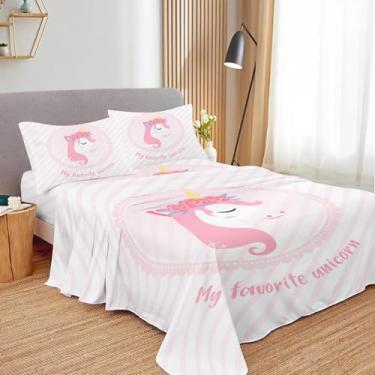 Imagem de SNcek Jogo de lençol infantil de unicórnio rosa, tamanho solteiro, 4 peças, listras, microfibra com bolso profundo